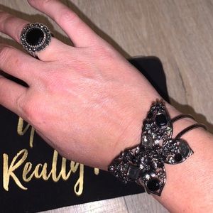 Black gem butterfly bracelet and black stone ring